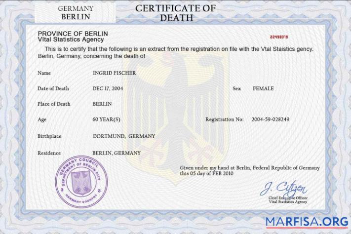 Printable Germany death certificate PSD template, completely editable